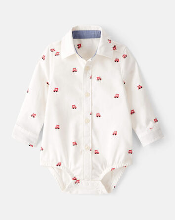 Baby Boy Train Print Button-Down Fashion Bodysuit - White, 