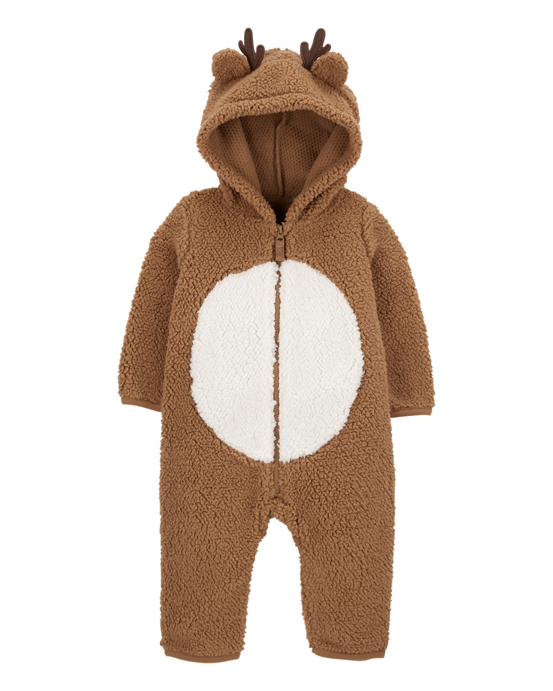 Baby Reindeer Hooded Sherpa Jumpsuit, image 1 of 3 slides