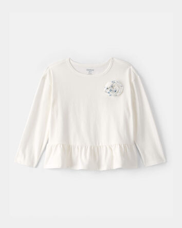 Toddler Girl Rose Long-Sleeve Peplum Top - Ivory, 