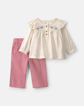 B&eacute;b&eacute; fille - Ensemble 2 pi&egrave;ces haut manches longues &agrave; motif floral et pantalon - Rose/Cr&egrave;me, 