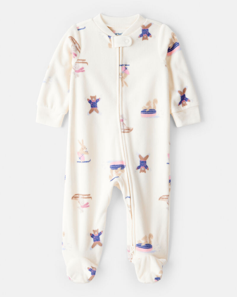 Baby Girl Animal Ski Print Loose Fit Long-Sleeve Sleeper - Cream, image 1 of 4 slides