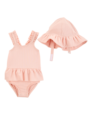 Baby 2-Piece Sun Hat & Ruffle 1-Piece Swimsuit Set, 