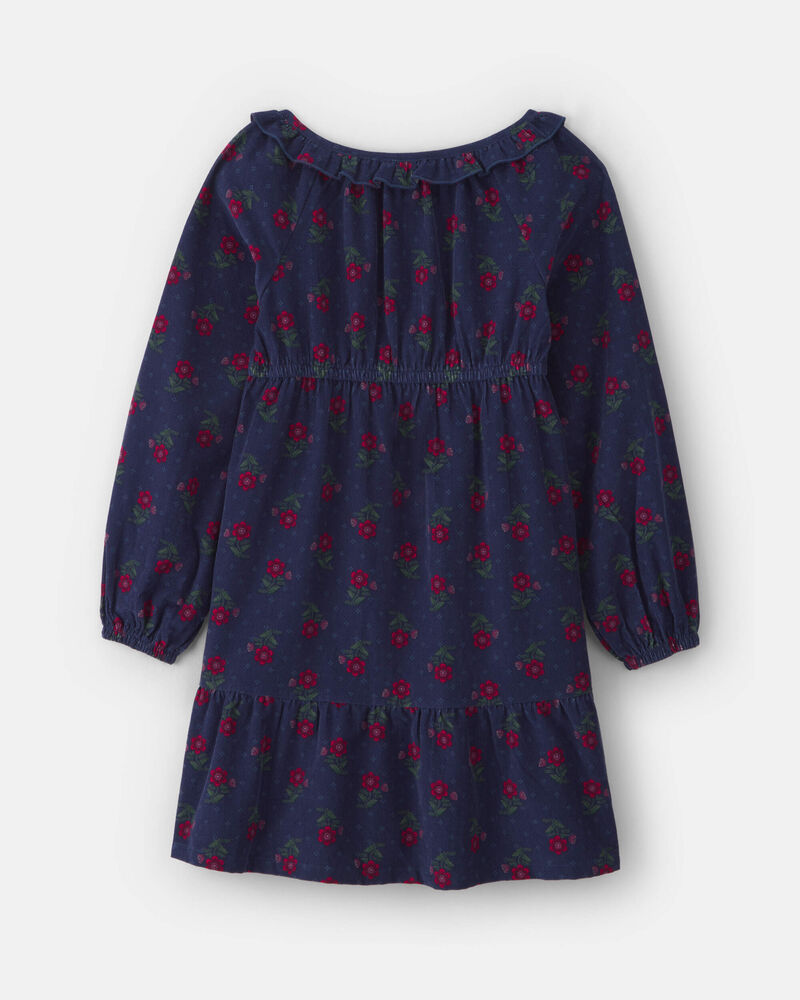 Filles - Robe manches longues en velours c&ocirc;tel&eacute; &agrave; motif floral - Bleu marine, image 2 sur 3 diapositives