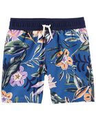 Tropical Floral Print Swim Trunks, image 1 of 2 slides