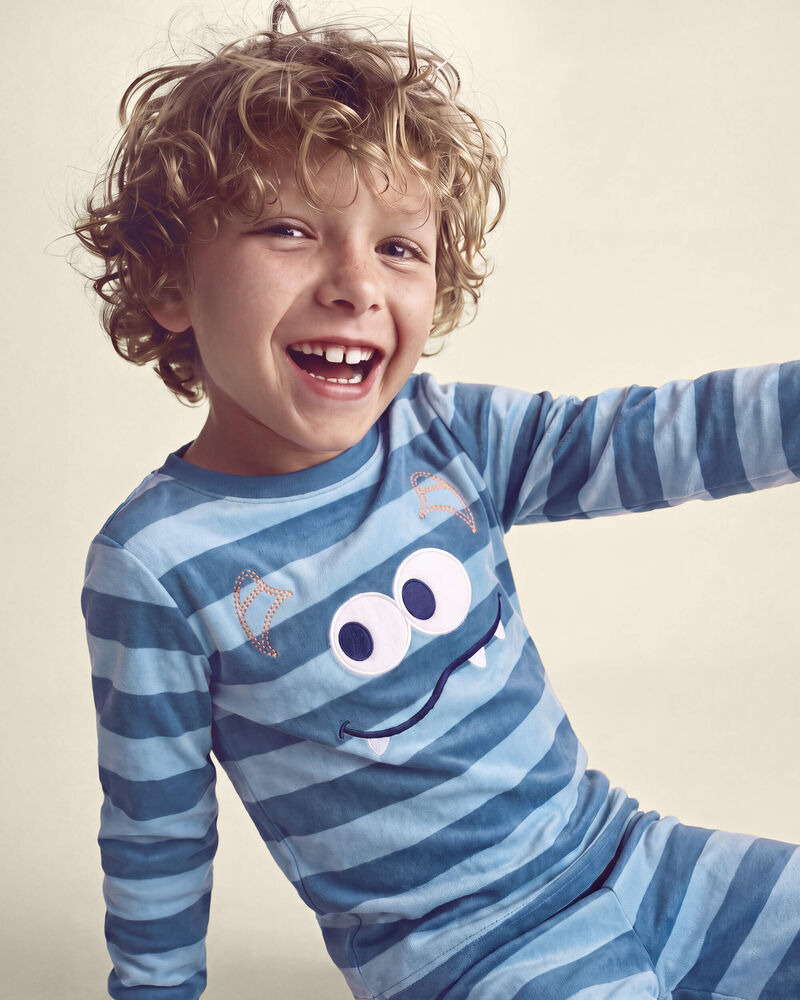 Gar&ccedil;ons - Pyjama ajust&eacute; 2 pi&egrave;ces en DreamPlush &agrave; motif monstre et rayures &ndash; Bleu, image 3 sur 3 diapositives