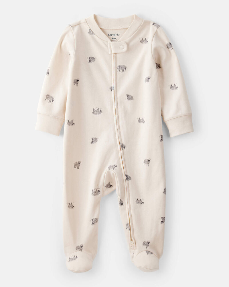Baby Sheep Print 100% Cotton Long-Sleeve Sleeper - Brown, image 1 of 4 slides
