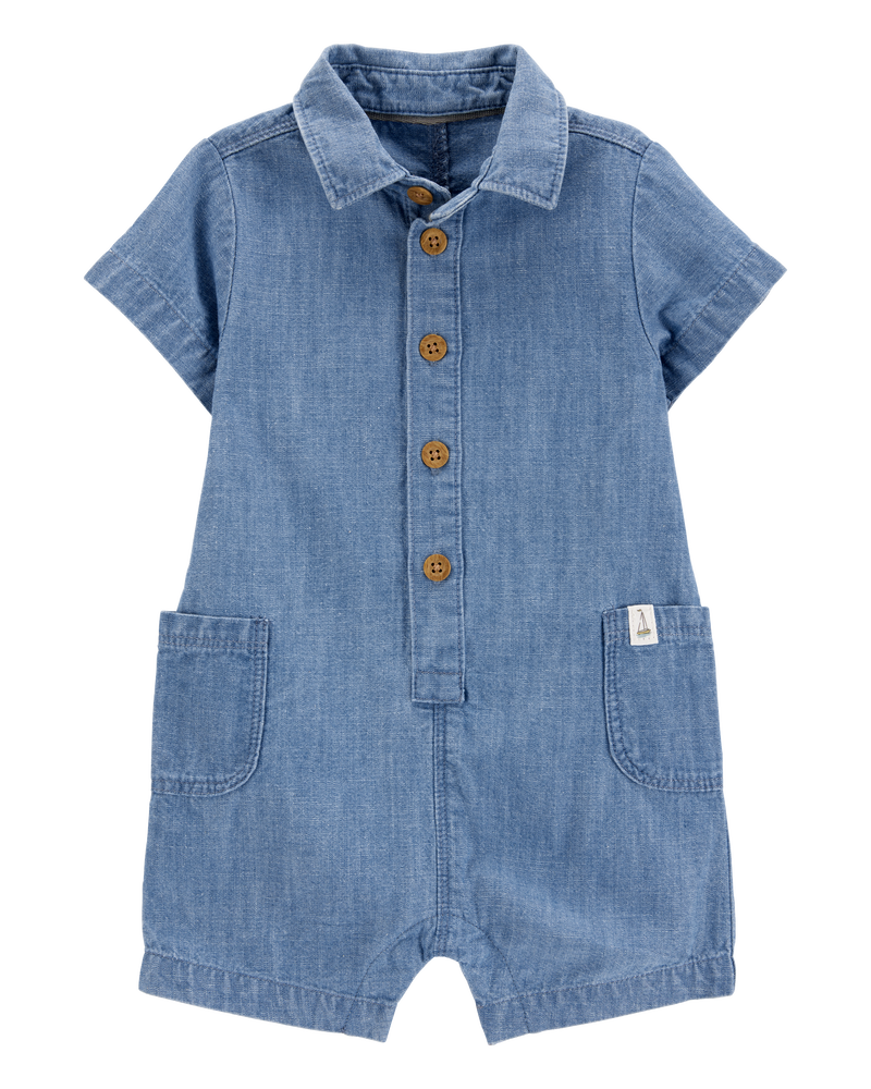 Baby Solid Cotton Blend Romper - Blue, image 1 of 4 slides
