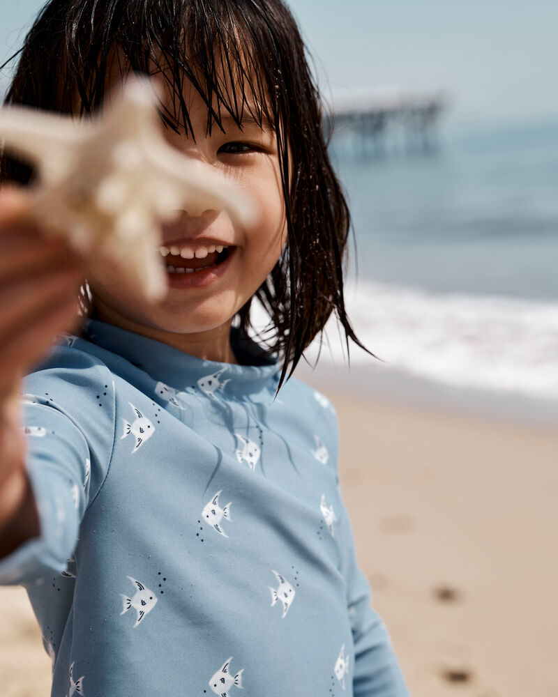 Toddler Girl 2-Piece Shell Striped Long-Sleeve Rashguard Swim Set - Blue, image 3 of 4 slides
