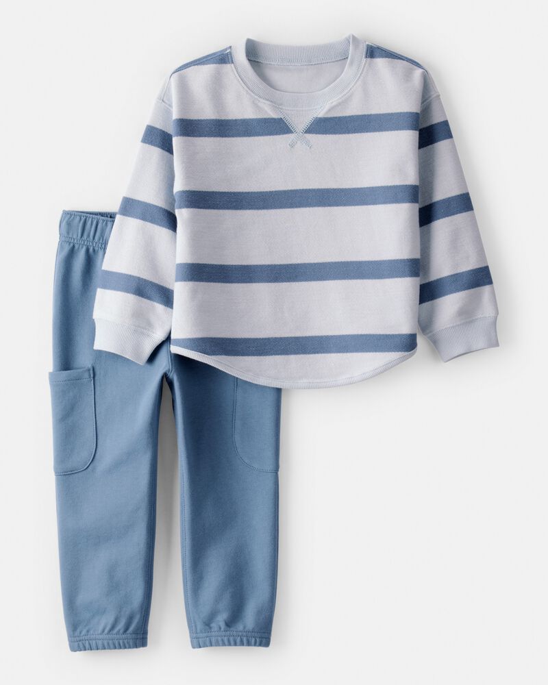 Tout-petit gar&ccedil;on - Ensemble t-shirt &agrave; manches longues et pantalon en French terry &agrave; rayures - bleu, image 1 sur 4 diapositives