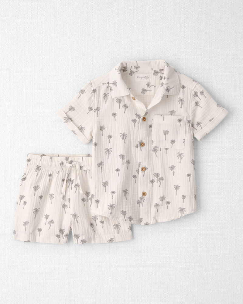 Toddler Boy 2-Piece Organic Cotton Gauze Top & Short Set in Palm Trees, image 1 of 7 slides