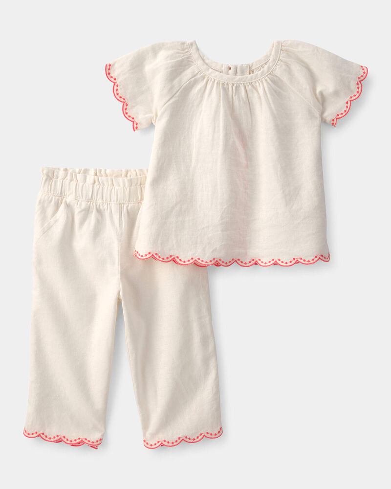 Baby Girl 2-Piece Solid Linen Short-Sleeve Overall Set - White, image 1 of 6 slides