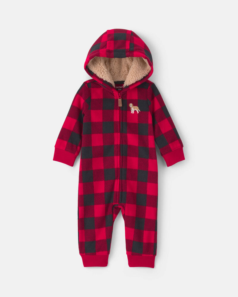 Baby Boy Buffalo Check Fleece Long-Sleeve Jumpsuit - Red/Black, image 1 of 4 slides