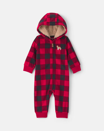 Baby Boy Buffalo Check Fleece Long-Sleeve Jumpsuit - Red/Black, 