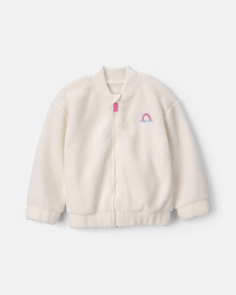 Toddler Girl Rainbow Teddy Microfleece Zip-Up Jacket - Cream, image 1 of 3 slides