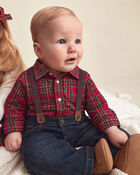 Baby Boy 2-Piece Plaid Denim Long-Sleeve Bodysuit & Suspender Pant Set - Red/Indigo, image 2 of 6 slides
