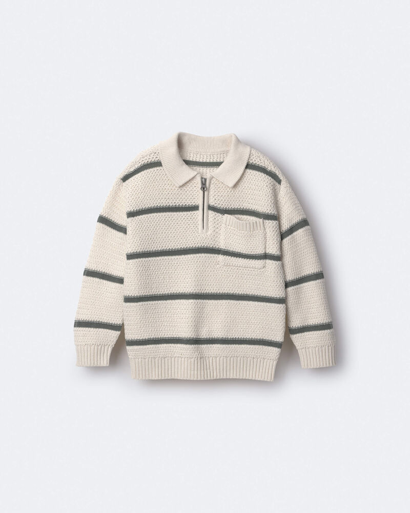 Toddler Boy Striped Quarter-Zip Sweater - Cream/Sage, image 2 of 6 slides