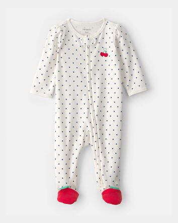 Baby Girl Cherry 2-Way Zip 100% Cotton Sleeper - White, 