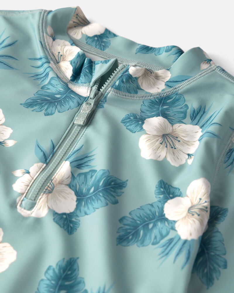 Toddler Girl 2-Piece Recycled Rashguard Swimsuit Set in in Blue Hibiscus, image 3 of 4 slides