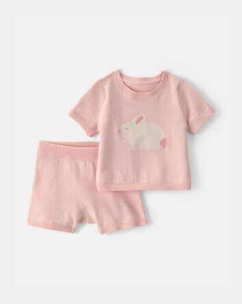 B&eacute;b&eacute; fille - Ensemble 2 pi&egrave;ces haut &agrave; manches courtes et short &agrave; motif lapin - Rose, 