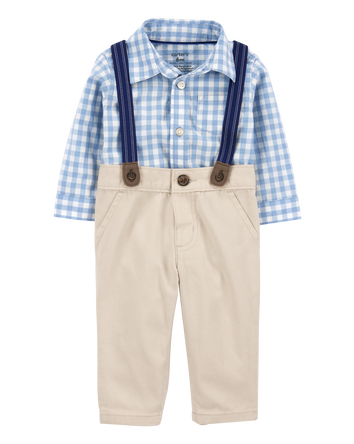Baby 3-Piece Gingham Suspender Pant Set - Blue/Khaki, 