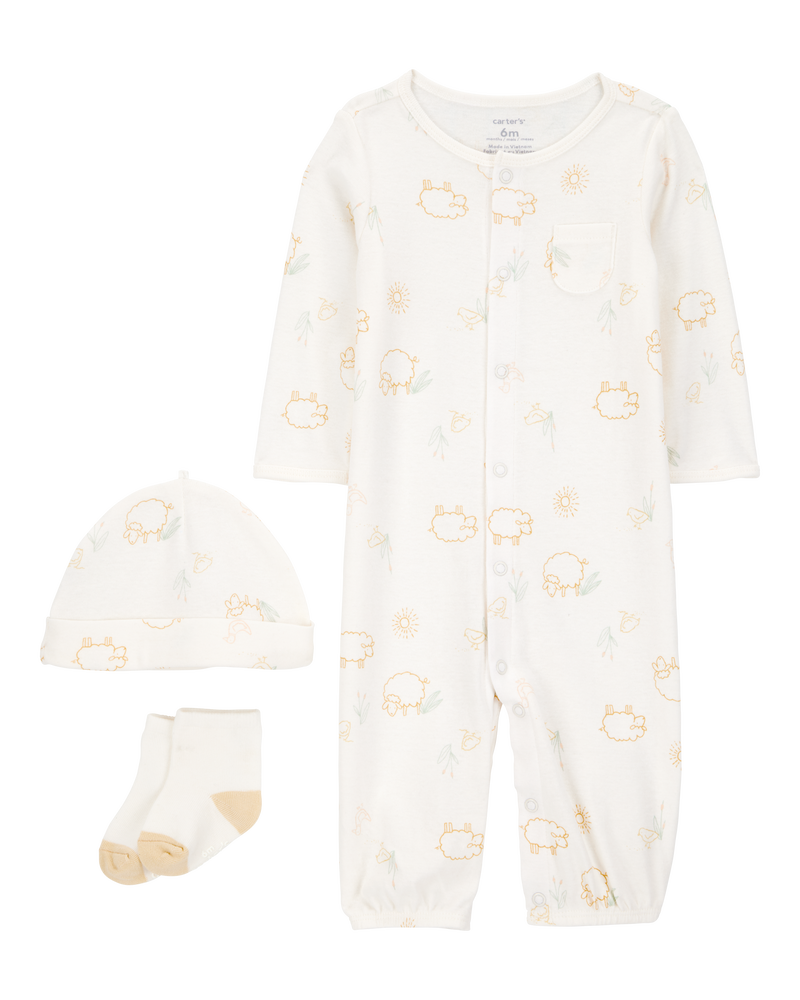 Baby Girl 3-Piece Barnyard Converter Gown & Cap Set - Ivory, image 1 of 4 slides