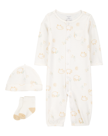 Baby Girl 3-Piece Barnyard Converter Gown & Cap Set - Ivory, 