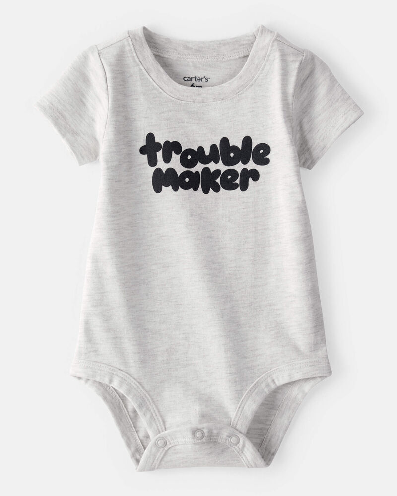 Baby Boy 'Trouble Maker' Short-Sleeve Graphic Bodysuit - Grey, image 1 of 2 slides