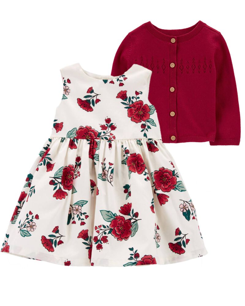 Baby 2-Piece Floral Sateen Holiday Dress & Cardigan Set, image 1 of 7 slides