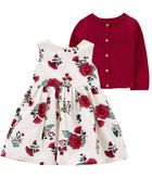 Baby 2-Piece Floral Sateen Holiday Dress & Cardigan Set, image 1 of 7 slides