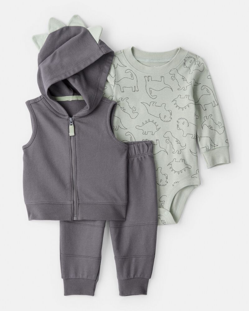 Baby Boy 3-Piece Dinosaur Vest Outfit Set - Grey, image 1 of 4 slides