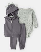 Baby Boy 3-Piece Dinosaur Vest Outfit Set - Grey, image 1 of 4 slides