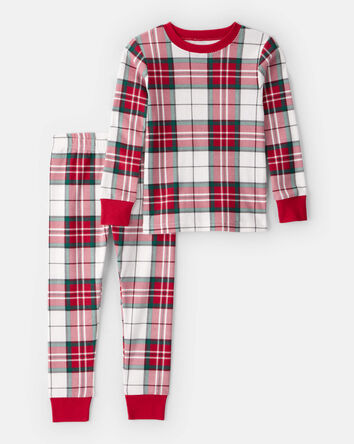 Tout-petit - Pyjamas 2 pièces à manches longues ajustés en coton 100 % à motif tartan - Rouge/Vert, 