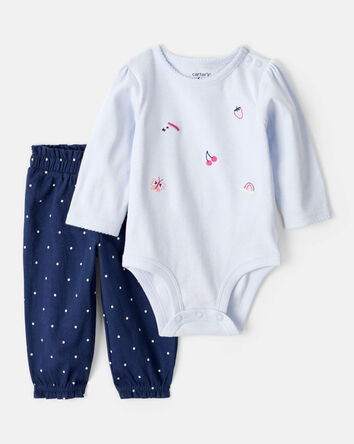 Baby Girl Fruit Print Cotton Long-Sleeve Tee & Pant Set - Blue, 