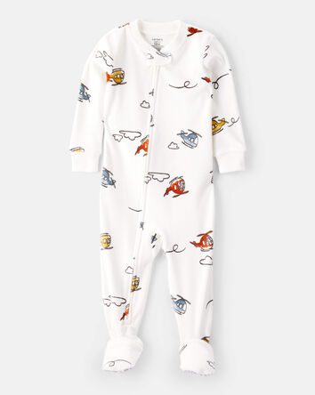 Tout-petit garçon - Pyjama une pièce ajusté à manches longues et fermeture à glissière double sens DreamPlush à motif d’hélicoptères – Blanc, 