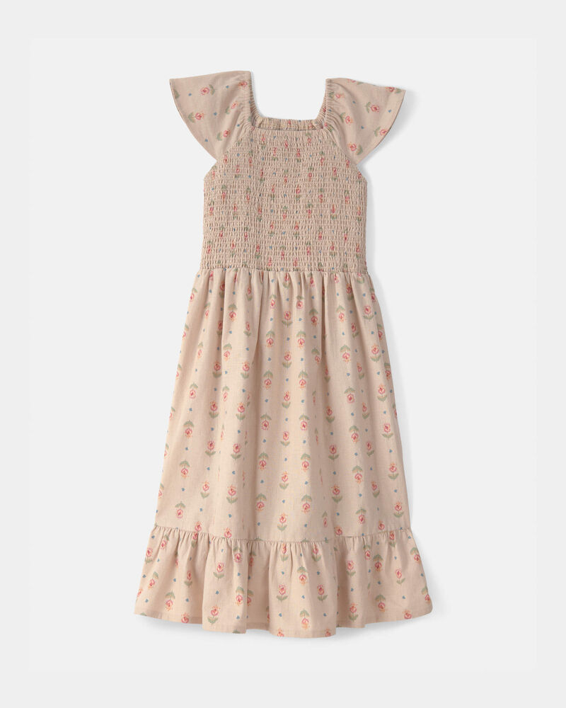 Girls Floral Smocked Midi Dress - Tan, image 1 of 4 slides