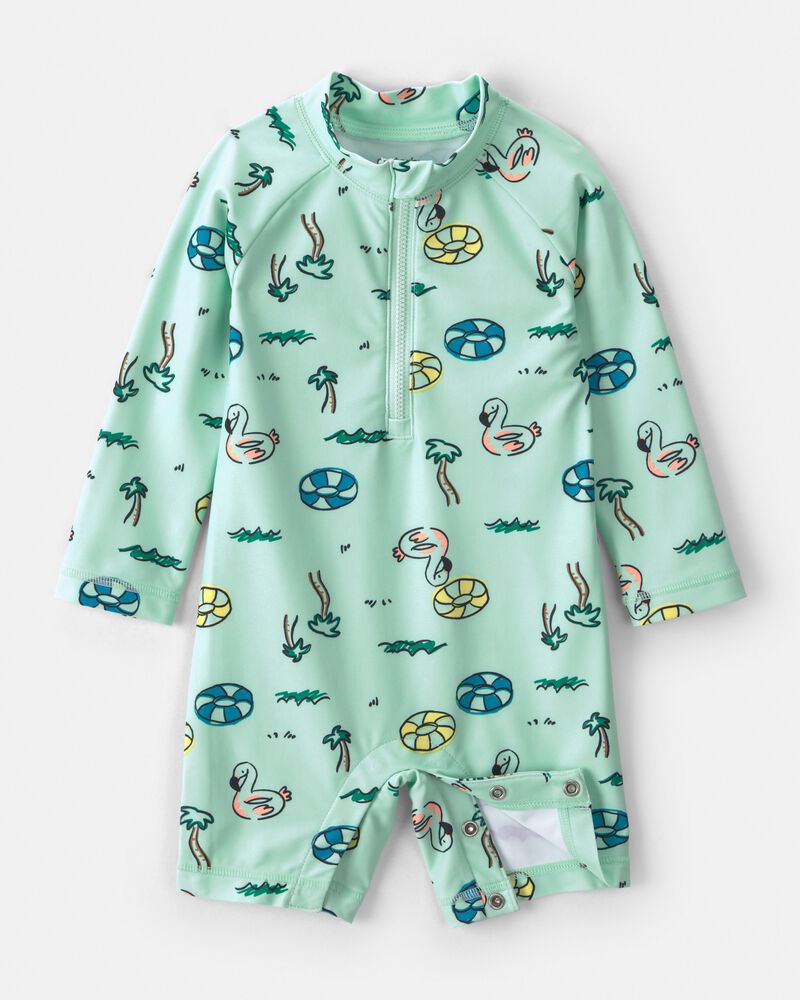 B&eacute;b&eacute; gar&ccedil;on - Maillot de bain dermoprotecteur 1 pi&egrave;ce &agrave; manches longues &agrave; motif vacances - Vert, image 2 sur 4 diapositives