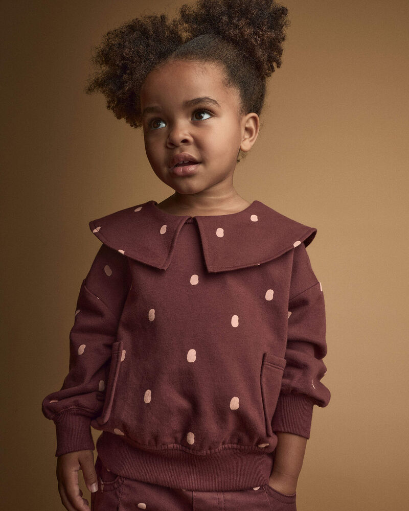 Toddler Girl Peter Pan Collar Pullover with Otter Pockets in Polka Dots - Burgundy, image 1 of 5 slides