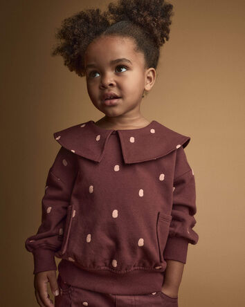 Toddler Girl Peter Pan Collar Pullover with Otter Pockets in Polka Dots - Burgundy, 