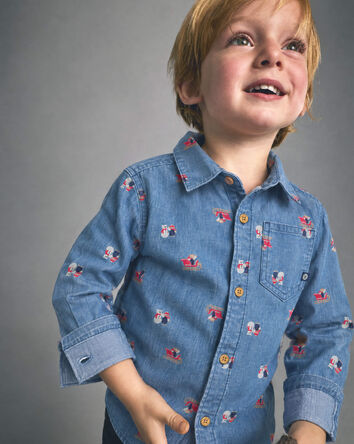 Tout-petit gar&ccedil;on - Chemise boutonn&eacute;e &agrave; motif bonhomme de neige &ndash; D&eacute;lav&eacute; fonc&eacute;, 