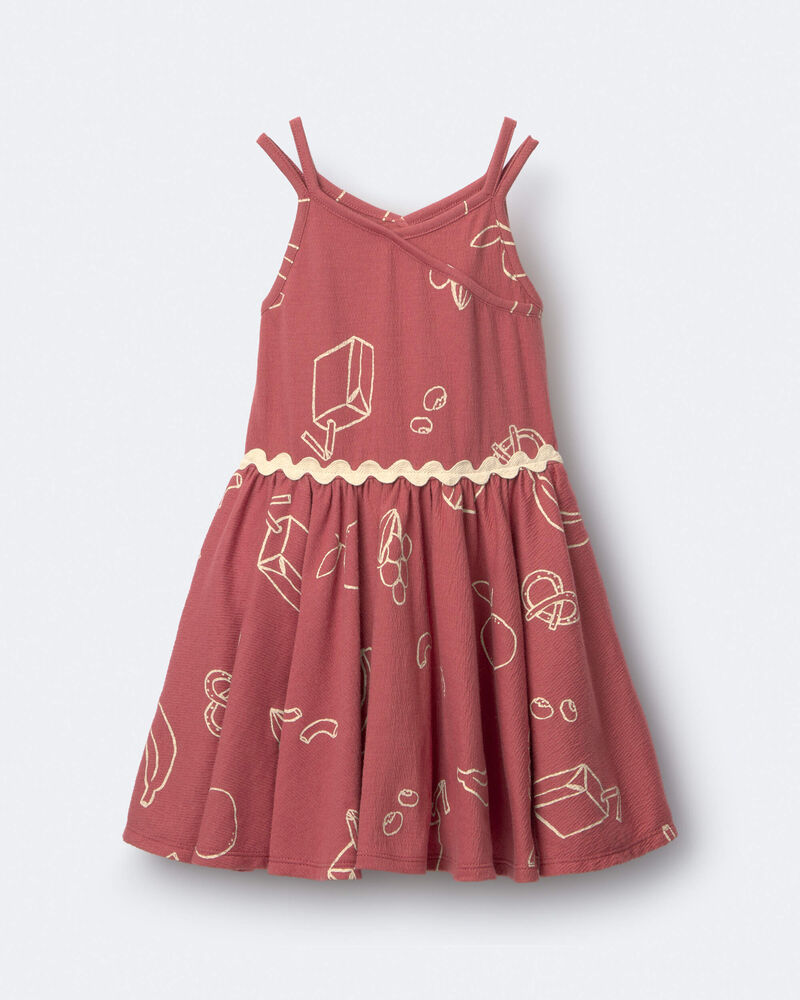 Toddler Girl Ric-Rac Crossover Dress in Snack Print  - Red, image 2 of 6 slides