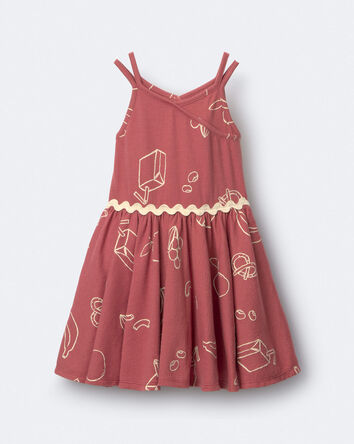 Toddler Girl Ric-Rac Crossover Dress in Snack Print  - Red, 