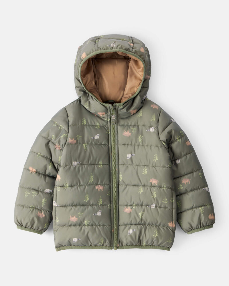 Toddler Wilderness Print Hooded Puffer - Green, image 1 of 4 slides