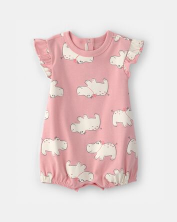 B&eacute;b&eacute; fille - Barboteuse &agrave; manches courtes &agrave; imprim&eacute; hippopotame - Rose, 