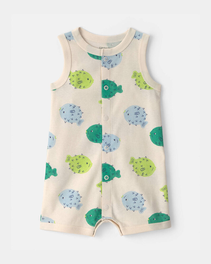 Baby Puffer Fish Sleeveless Romper - Cream/Green, image 1 of 3 slides