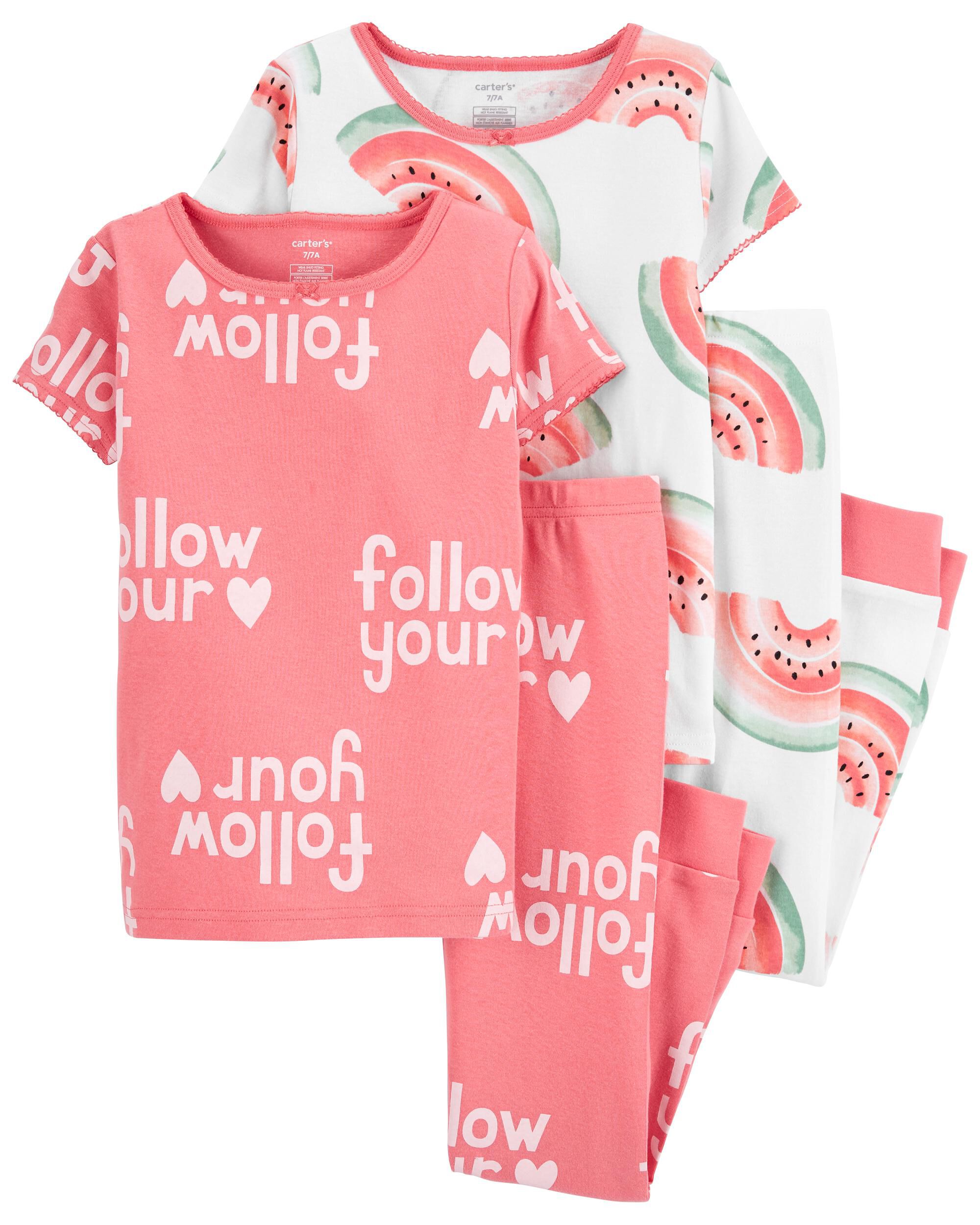 Kid 4 Piece Slogans and Watermelon 100 Snug Fit Cotton Pyjamas