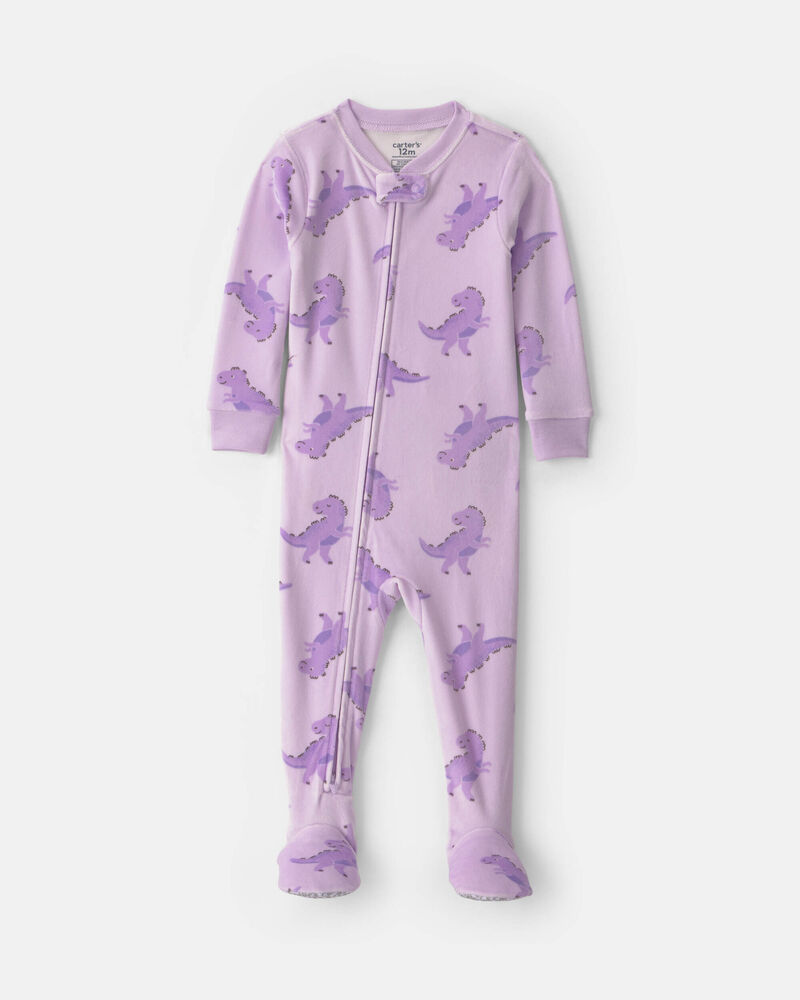 Baby Girl 1-Piece Dino 2-Way Zip DreamPlush Snug Fit Footed Pyjama - Purple, image 1 of 5 slides