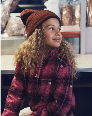 Girls Plaid Sherpa Quarter-Zip Pullover - Pink, 