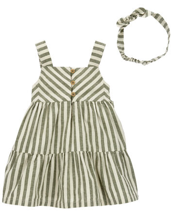 2-Piece Striped Linen Dress & Headwrap Set, 