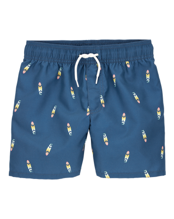 Kid Surfboard-Print Pull-On Swim Trunks, 
