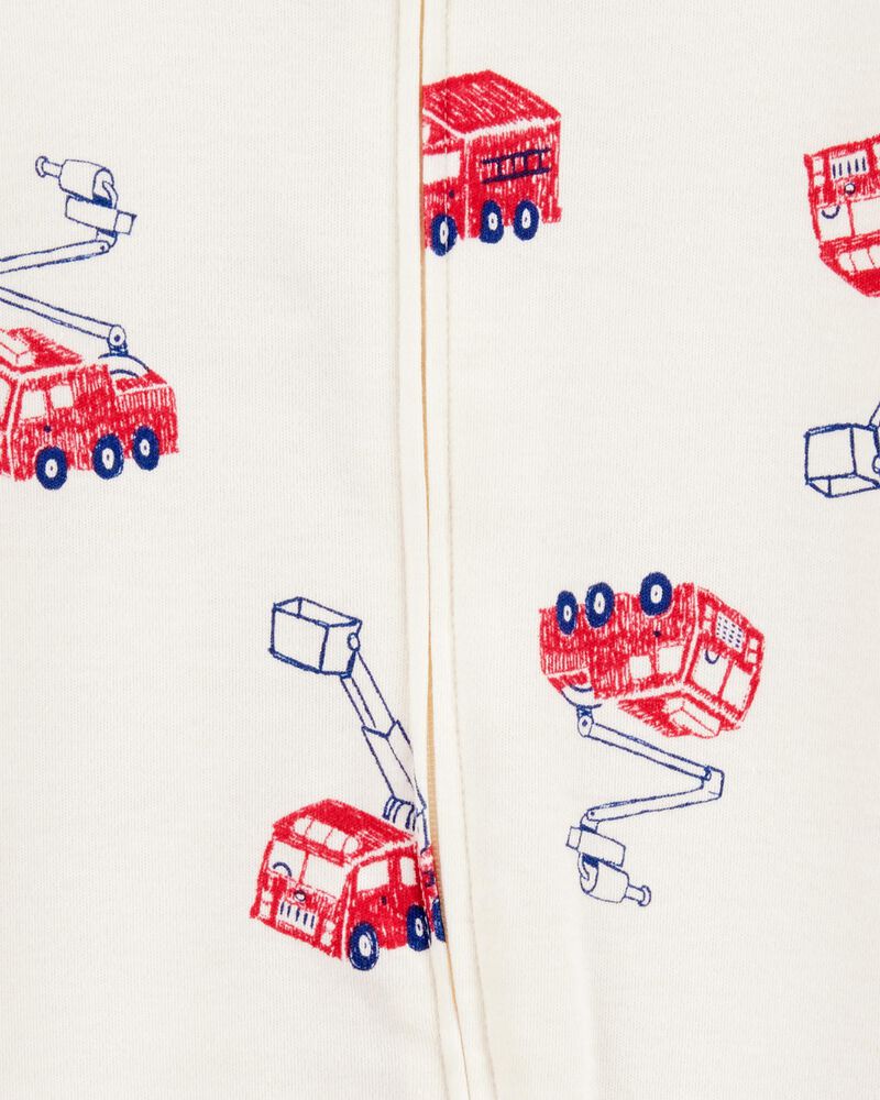 Baby Boy Fire Truck Print 2-Way Zip Cotton Sleeper Pyjamas - Cream, image 2 of 3 slides